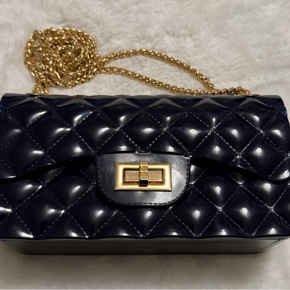 Jelly Purse - Dark Blue, Quilted with Gold Chain